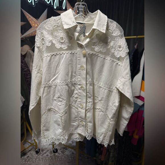 Anthropologie Crochet Scallop Hem Shirt Jacket in Ivory NWOT - Picture 5 of 8